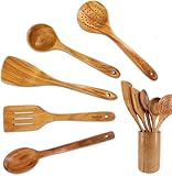 Starblue - Juego De 6 Utensilios De Cocina De Madera De Acacia, Espátulas Duraderas Y Antiarañazos Para Utensilios De Cocina Antiadherentes, Respetuosas Con El Medio Ambiente Y Ergonómicas