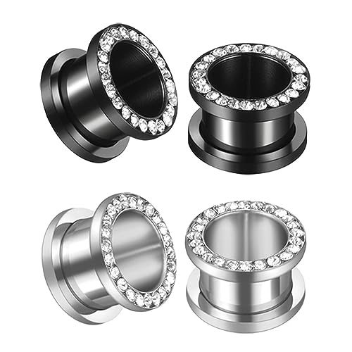 NewZenro Black And Silver Plated Crystal Rhinestones CZ Ear Tunnels Plugs Expander Gauges Stretcher Earrings Screw Stainless Steel Hypoallergenic Body Piercing Jewelry Personalized Gift