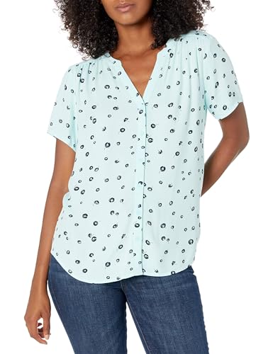 Amazon Essentials Damen Kurzarm-Bluse, gewebt, Aqua Blue Poppy, Medium