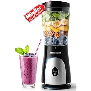 Mueller Smoothie Blender for Smoothies – Personal Blender for Shakes, Frozen Drinks, Baby Food & More, 15oz Travel Cup and Lid, Durable Stainless Steel Blades for Powerful Blending Performance, Black