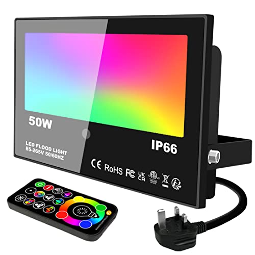 LED Floodlight Outdoor 50W 5000LM, Colour Changing Flood Lights, RGB 120 Colours and Warm White, Timing Remote Control,IP66 Waterproof UK3-Plug (1 Pack)