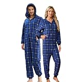Picture of U2SKIIN Men Onesie Pajama Sets, Hooded Zipper Christmas Matching Plaid Pjs Set for Men and Women Soft Warm Jumpsuit(Navy-Blue White Plaid, XL)