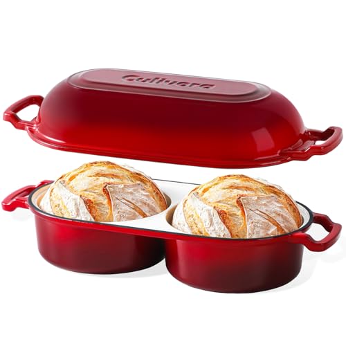 CULIVORA Cast Iron Bread Pan with Lid, Mini Enamel Sourdough Baking Dutch Oven Pot, Double Round Loaf Space for Homemade, Bread, Cake, Meatloaf, 16.5cm Diameter, 500°F Oven Safe, Non Stick, Red