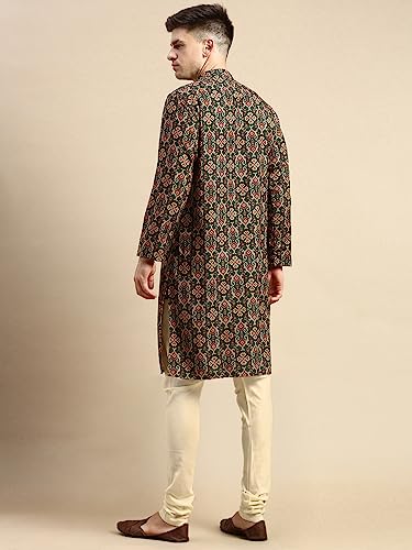Image of Men's Black Art Silk Regular Fit Ethnic Motifs Kurta | Indian Kurta | Festive Ethnic Kurta with Embroidered Packet