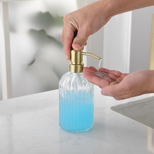 Image of Gold Refillable Glass Kitchen Soap Dispenser,16oz Bathroom Soap Dispenser with Vertical Strip,Golden 304 Stainless Steel Pump Head, Clear Thick Glass,for Modern Home Decor, Countertop, Hotel