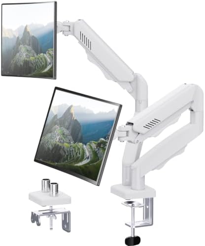 ELIVED Monitor Halterung 2 Monitore weiß für 13-32'' Bildschirme 9kg/Arm | Dual Monitor Gasdruckfeder 2 Monitorhalterung schwenkbar 180°, Drehbar 360°, Höhenverstellbar Monitor Arm