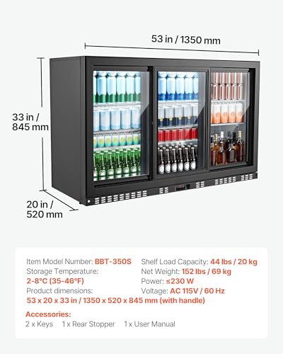 Image of VEVOR Back Bar Cooler, 11.4 Cu.Ft Commercial Beverage Refrigerator, 3 Sliding Glass Doors, Fan Cooling Under Counter Beer Fridge w /LED Lighting, Shelves, Low-E Glass Display for Drinks, Bar, Store