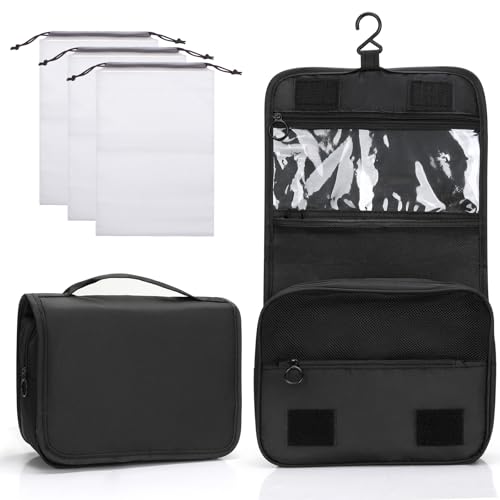 Zivacate Neceser Viaje Colgante, Bolsa de Maquillaje Impermeable Hombre & Mujer, Bolsa de Aseo con Asa, Plegable Bolsa de Cosméticos Portátil con 3 Bolsas Organizadoras con Cordón - Negro