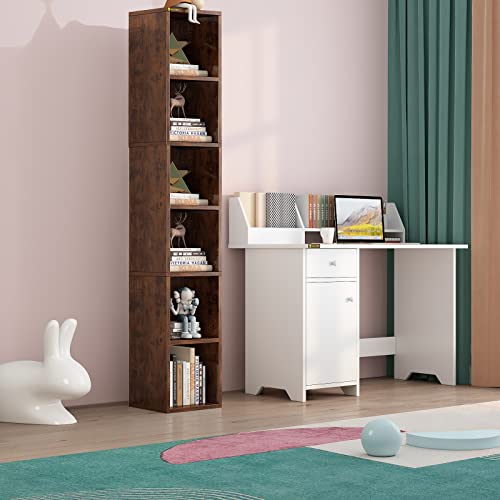 Alisened 68.5" Tall Narrow Bookshelf, 6 Shelf Wooden Corner Bookcase, Modern Skinny Cubes Storage Organizer Display Shelving For Bedroom, Library, Living Room, Home, Office, Brown #TOP1