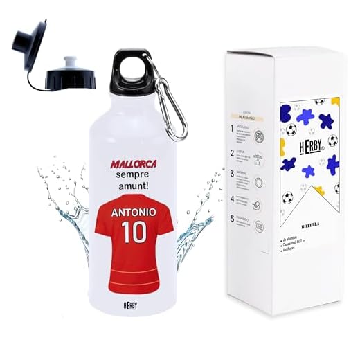 botella de agua del Mallorca para niños personalizada con nombre y número es un bidón de aluminio liviano para fanáticos del futbol cantimplora del Mallorca de 600 ml con dos tapones (Mallorcabidón)