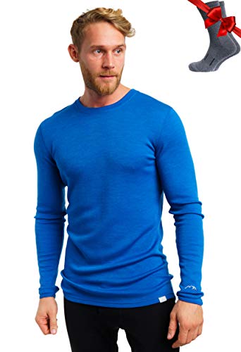 Merino.tech Merino Wool Base Layer - Mens 100% Merino Wool Long Sleeve Midweight Thermal Shirts + Wool Hiking Socks (Medium, 250 Cobalt Blue)