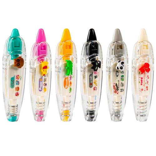 PEUTIER 6uds Bolígrafo Decorativo Tipo Prensa Animal, 6 Estilos Lindo Bolígrafo con Cinta de Bolsillo Blanca Cordón Dibujos Animados Bolígrafo con Cinta Correctora para Manualidades Diario Álbumes