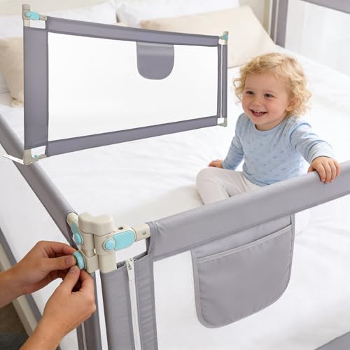Barrera Seguridad Niños Cama, Barandilla Cama 150/180/200cm, Protección Anticaídas con Malla Transpirable, Barandilla Regulable en Altura 69 98 cm, Pasamanos con Bolsillo Lateral, Apto para Boxspring