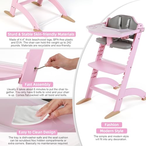 Image of Cowiewie New Upgrade 3-in-1 Convertible Wooden High Chair for Babies & Toddlers 10 Levels Adjustable 3-Tier Remove 2 Waterproof Cozy Cushions Pink