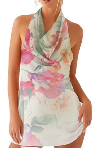 Image of Women Halter Low Neck Mini Dress Sexy Cutout Sleeveless Boho Short Dresses Open Back Night Party Going Out Sundress