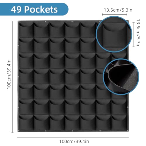49 Pockets Hanging Planter Bags, Hanging Vertical Wall Mounted Plant Planting Grow Bags, Herb Garden Planter Outdoor Indoor Growing Bag, Gardening Vertical Greening Flower Container(1m×1m, Black) by Pehciroe - Used condition - Image 3