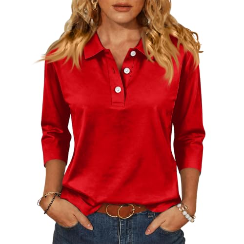 3/4 Sleeve Tops for Women Collared Button Cute Loose Y2K Plain Polo Shirts - image 2
