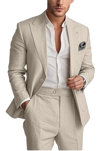 Botong - Traje de lino de 2 piezas para hombre, solapa con muesca, para playa, boda de verano, tuxedos, blazer de graduación, traje de negocios, beige, 56