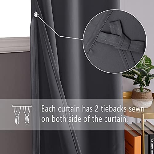 DWCN Dark Grey Blackout Curtains with Tiebacks for Bedroom Thermal Insulated Solid Eyelet Curtains for Living Room,2 Panels,46" Wide x 54" Drop