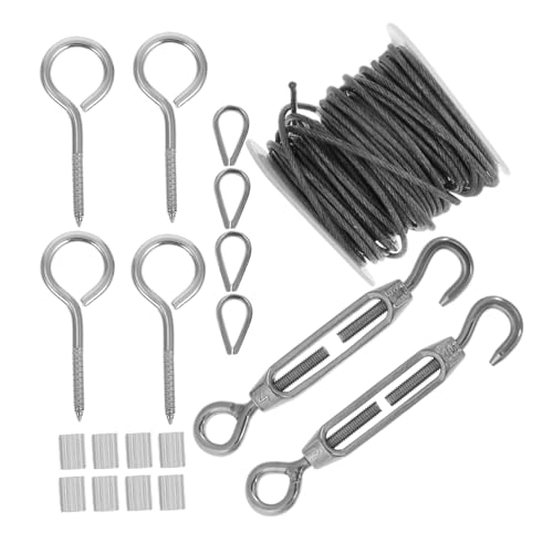 Kit de Soporte para Cable de Acero Inoxidable con 23 Piezas, Incluye Ganchos para Techo, Tensores y Abrazaderas para Cables, Ideal para Luces de Cuerda y Decoración de Jardín