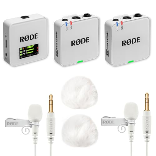Rode Wireless GO Gen 3 Wireless 2-Channel Microphone Radio System White with 2 x Lavalier GO Microphone White and 2 x Keepdrum Fur Wind Protection WH