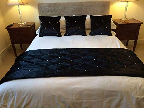 Planet 007 4 Pc Velvet Bed Runner Set Crystal Quilted Stone Bed Runner + 3 Pc 18" X 18" Cushion Covers Wedding Bedding (Black, 50X180Cm/19.6X70.8 Inch For 1.2 M Bed) #TOP17