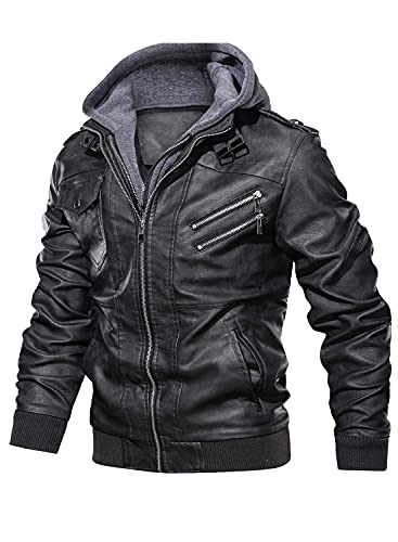 Jaqueta aviador masculina 1Bests, casual, de couro sintético de poliuretano, com capuz removível, Pr