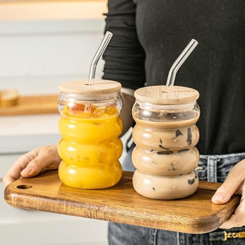 Image of Glass Mug with Bamboo Lid and Straw, 510ml, for Cold Drinks, Smoothies, Coffee(Pack of 1) (Coffee Glass Tumbler with Bamboo Lid and Straw)