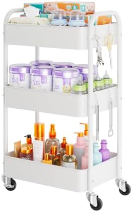 Simple Trending 3-Tier Rolling Utility Cart with Lockable Wheels & 4 Hooks image 2