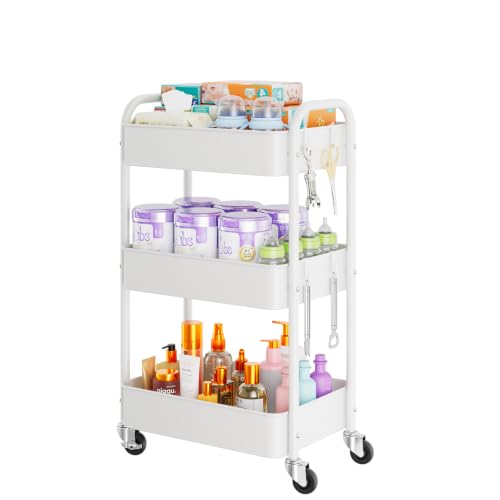 Image of Simple Trending 3-Tier Rolling Utility Cart with Lockable Wheels & 4 Hooks