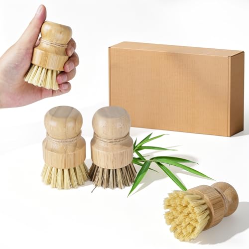 3 Pcs Bamboo Dish Brushes for Washing Up Brushes for Kitchen Dish Washing Brushset with Sisal and Coconut Bristles Wooden Scrubbing Brush Kitchen Cleaning Brush Set for Pots Pans Sink Scrubbers