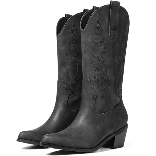 Image of AOSPHIRAYLIAN Cowboy Boots for Women Retro Pointed Toe Pull On Block Chunky Heel Glitter Sparkly Metallic Embroidecamel Country Concert Outfits Calf Western Cowgirl Boots