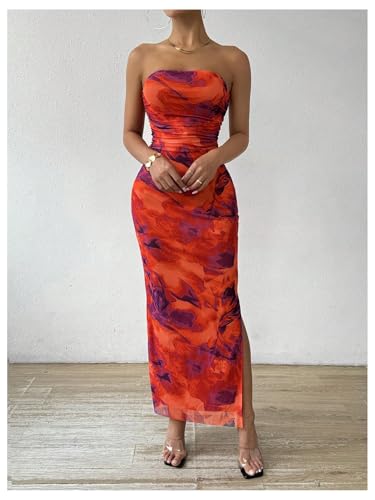 Image of GORGLITTER Women's Floral Strapless Bodycon Wedding Guest Dress Vacation Summer Birthday Tropical Maxi Long Sun Dresses