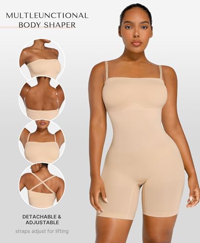 Image of SHAPELLX Women's Shapewear Bodysuits Tummy Control Butt Lifter Body Shaper Strapless Seamless Mid Thigh Jumpsuit Tops