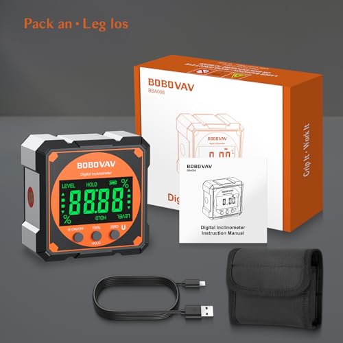 BOBOVAV Digitaler Winkelmesser Laser, Wasserwaage Neigungsmesser mit 4-seitigem Magnet, LCD Display, Typ-C-Aufladen Winkelmessgerät Laser Level Box für Rohr- Holzarbeitung Hängerahmen Sägen Auto