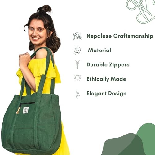 Hemp Shopping Tote Bag with Dual Zippered Compartments | Spacious Eco Market Bag with Cotton Lining | 10L Capacity3