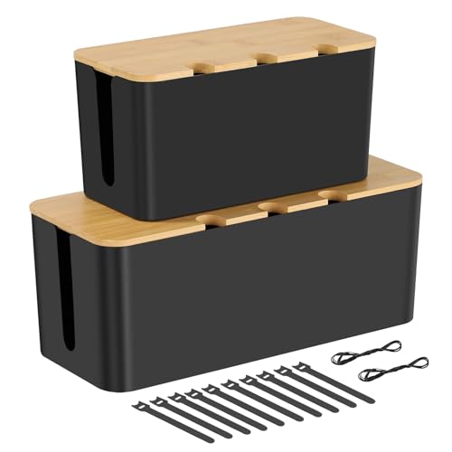 BEZORR Set of 2 Cable Tidy Box, Cables Management with Reusable Ties Straps, Cable Organizer Box for Desk, Cord Storage Management with Lid,for Hiding Electric Wire Cord, Power Strip, Extension Lead