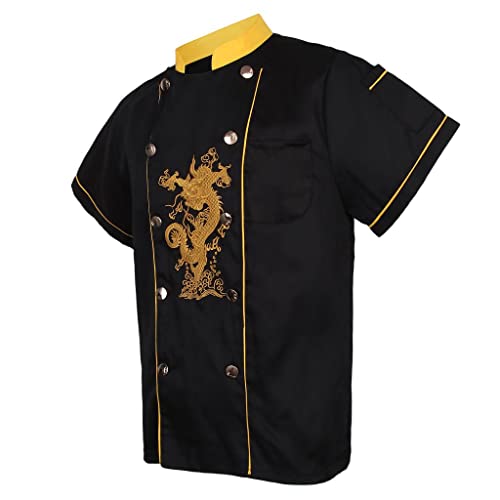 Professional Chef Coat with Embroidery Dragon Design, Black XL, Terylene Fabric, Quick-Drying & Breathable for Restaurant Hotel Cook Work