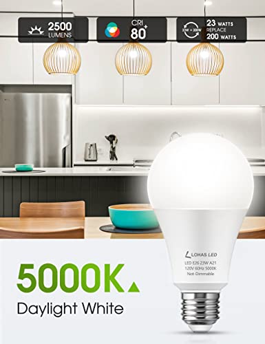 Lohas A21 Bright Led Light Bulb, 150W-200W Equivalent Led Bulbs, 23 Watt Garage Light Bulbs, Daylight 5000K, 2500 Lumen High Watt Super Bright Porch Light Bulb, Non-Dimmable, For Home Lighting, 4 Pack #TOP1