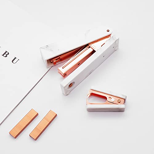 Office Stapler Staples Remover Set, Marble Print Rose Gold Tone Desk Executive Manual Staplers and Staple Remover Tool for Desktop Accessories Supplies (Marble Print & Rose Gold)