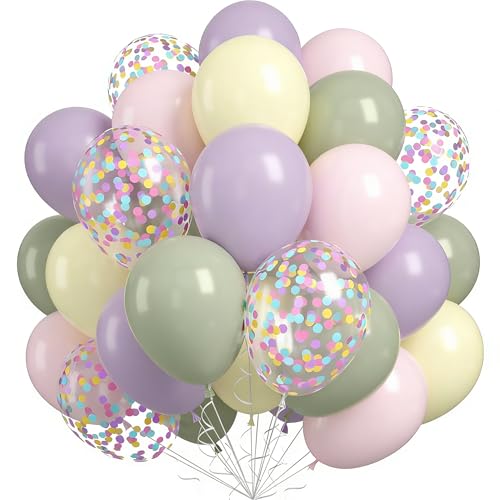 Lot de 60 ballons roses et violets de 30,5 cm, verts, avec macaron pastel et ballons à confettis, pour anniversaire, fête prénatale, mariage, décoration de douche bohème