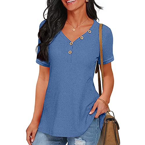BESFLY womens Waffle knit tunic tops V neck short sleeve Blouses Button up Basic Loose Fitting Tops Navy Blue XL