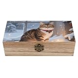 Scatola portaoggetti decorativa in legno con coperchio incernierato, realizzata a mano, a forma di gatto, realizzata a mano da The Christmas Window, scatola portaoggetti in legno per gioielli, biglie
