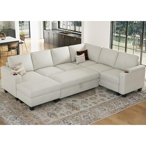 Belffin Modular Sectional Sleeper Sofa Couch Bed with Storage Chaise U Shaped Couch with Pull Out Sofa Bed for Living Room. White Beige U shaped sleep