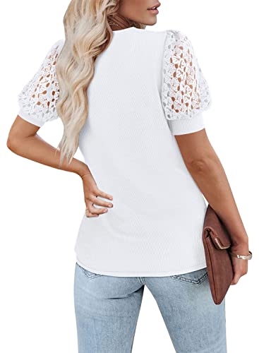 Dorose Womens Summer Tops Puff Short Sleeve Work Blouse T Shirts White M #TOP1
