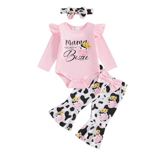 Image of Kodaruber Baby Cowgirl Outfit Cow Print Frill Long Sleeve Romper Flare Pants Headband Set Infant Girl Western Clothes