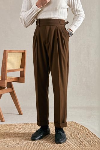 Men's Classic Fit Corduroy Dress Pants High Waist Pleated Gurkha Suit Pant3