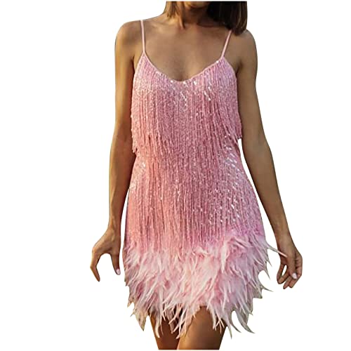 Oplxuo Cocktail Dresses for Women Sexy Deep V-Neck All-Over Fringe Spaghetti Straps Dress Sequins Feather Prom Party Dress Pink