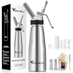 ECO-WILL Professional Whipped Cream Dispenser, Durable Aluminum Cream Whipper with 2 Sets of Stainless Steel and Plastic Tips & Cleaning Brush,1-Pint / 500 ML