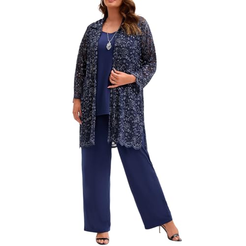 Plus Size Mother of The Bride 3 Piece Lace Pant Suit Set Formal Wedding Guest Attire for Weddings Evening Party Occasions2